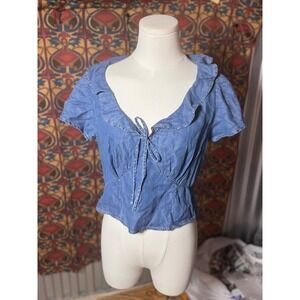 Levi's Denim Top Ruffle Tie Front Short Sleeve Blouse Shirt  Womens